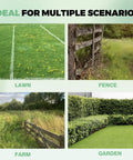 Collage showing lawn, fence, farm, and garden scenarios ideal for the Universal Weed Eater Head With Fast Load Trimmer System No Fuss Install Includes Bolts And Nuts 12 0.095 Inch Trimmer Line Works With Echo Stihl Husqvarna Dewalt Ego Ryobi And More.