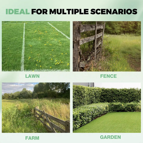 Collage showing lawn, fence, farm, and garden scenarios ideal for the Universal Weed Eater Head With Fast Load Trimmer System No Fuss Install Includes Bolts And Nuts 12 0.095 Inch Trimmer Line Works With Echo Stihl Husqvarna Dewalt Ego Ryobi And More.