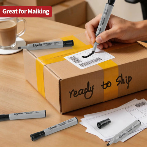 Person using Bulk 48 Count Permanent Markers With Dual Width Chisel Tips Quick Drying Waterproof Ink on shipping box label