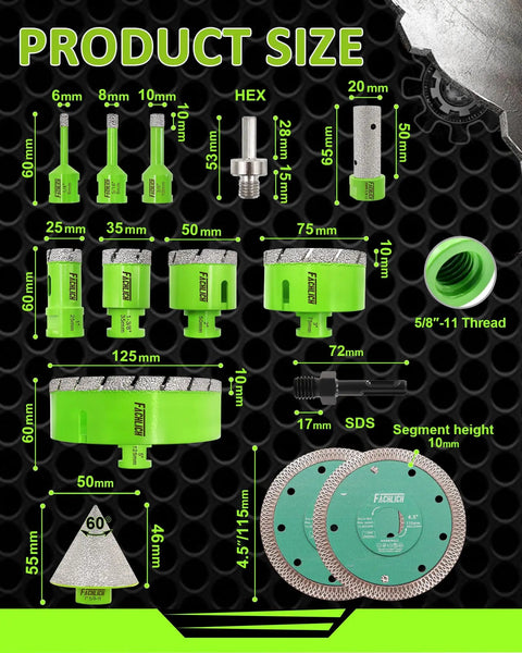 Tile Hole Saw Kit 14 Piece Diamond Core Drill Bit Set For Porcelain Ceramic Marble Brick Granite with sizes and adapters shown