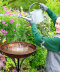 Vintage Outdoor Metal Bird Bath With Free Standing Stake And Detachable Feeder Bowl In Antique Bronze Finish in garden setting