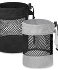 Two Pack Golf Ball Storage Bags Nylon Mesh Pouches With Drawstring Organizer, black and gray pouches visible