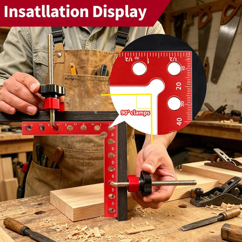 Close-up of Woodworking Corner Clamps Set For Quick Dry Fit 8 Piece Right Angle Clamps with red positioning square in use.