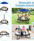 Outdoor Kids Picnic Table Set For 8 With Four Built In Benches, Removable Umbrella, Metal Frame And HDPE Top shown indoors and outdoors