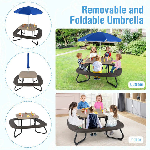 Outdoor Kids Picnic Table Set For 8 With Four Built In Benches, Removable Umbrella, Metal Frame And HDPE Top shown indoors and outdoors