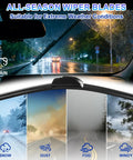 All-season wiper blades displayed from inside a vehicle, suitable for heavy rain, snow, dust, fog, and windy conditions.