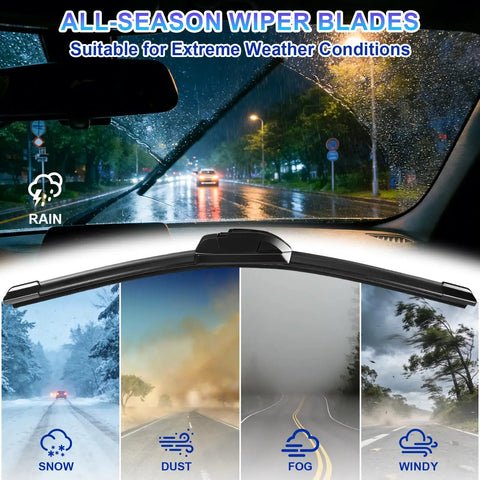 All-season wiper blades displayed from inside a vehicle, suitable for heavy rain, snow, dust, fog, and windy conditions.