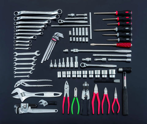 Red 87-Piece Socket Set With 3/8 and 1/2 Inch Drive, Deep Sockets And Hex Bits, Pro Mechanics Tool Kit For Home Garage on display
