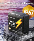 Close-up of 12V 20Ah LiFePO4 Battery Two Pack With Built In BMS IP67 Waterproof for solar marine fishfinder camping use.