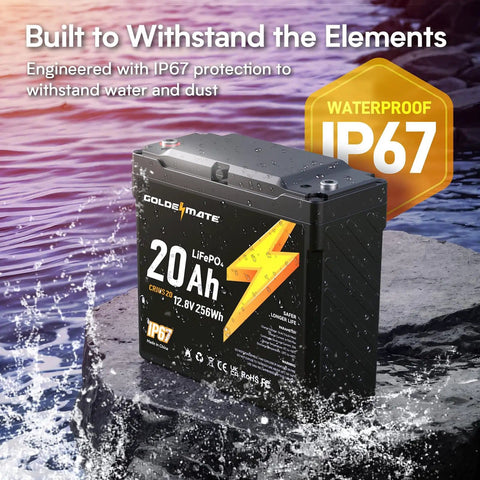 Close-up of 12V 20Ah LiFePO4 Battery Two Pack With Built In BMS IP67 Waterproof for solar marine fishfinder camping use.