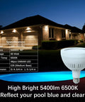 LED Pool Light Bulb 120V 60W 6000lm Bright White 6500K Replacement next to illuminated pool and house at night.