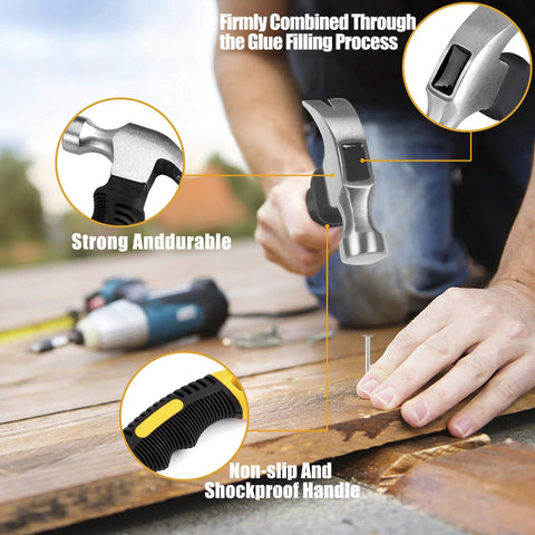 Person using Heavy Duty 700 Piece Nails Set With 8oz Hammer For Hanging Wall Art And Picture Frames on wooden surface