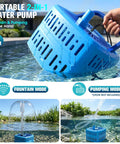Plug-And-Play All-In-One Pond Pump With Lights, 800 GPH Submersible Fountain Kit shown with fountain and pumping modes in a pond