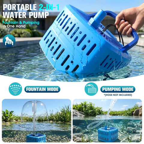 Plug-And-Play All-In-One Pond Pump With Lights, 800 GPH Submersible Fountain Kit shown with fountain and pumping modes in a pond
