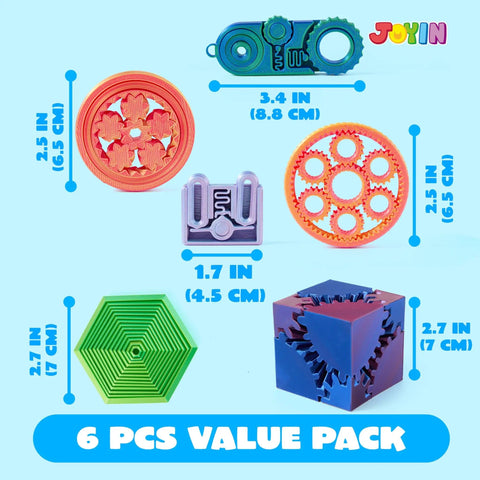 Six Pack 3D Printed Fidget Gear Set With Spin Fractal Gears And Click Mechanisms, Metallic Finish, Great For ADHD And Autism Relief, Kids And Adults, Desk Decor And Party Favors