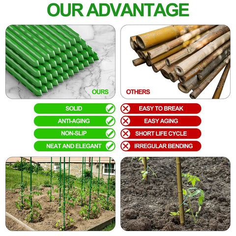 Comparison of Heavy Duty 7Ft Garden Stakes Pack Of 25 Plastic Coated Steel Plant Supports and bamboo stakes showing advantages like solidity and anti-aging.