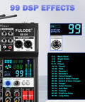 Close-up of 4 Channel Audio Mixer With Dual Wireless Microphone System 99 DSP Effects Pro DJ Console for recording features.