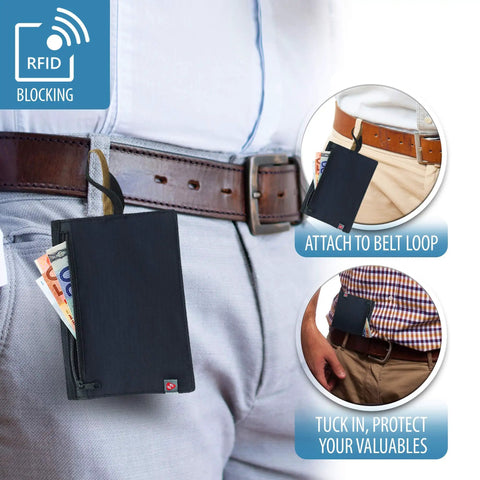 RFID Blocking Travel Pouch Money Belt Stash Wallet for Cash, Cards, ID, Passport, Ultra Slim Hidden Passport Holder, Black