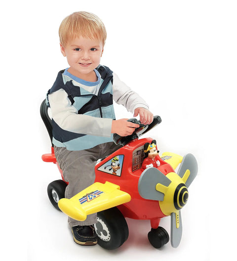 Totally Awesome Mickey Mouse Ride On Airplane Featuring Dazzling Light Patterns Realistic Motor Sounds Gear Shifting Swaying Pilot Character Slick Electric Battery Powered Toy with child steering.