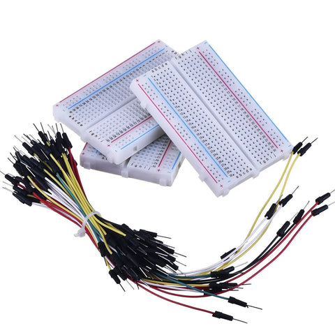 Three 400-Point Solderless Breadboards Bundle With 65 Flexible Male To Male Jumper Wires For Prototyping ABS Plastic Boards With Clearly Labeled Rows And Columns Easy Build Circuit Kit displayed.