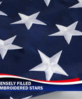 Close-up of dense embroidered stars on American Flag 3x5 Outdoor Heavy Duty Flag With Embroidered Stars And Sewn Stripes.