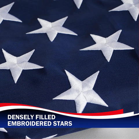 Close-up of dense embroidered stars on American Flag 3x5 Outdoor Heavy Duty Flag With Embroidered Stars And Sewn Stripes.