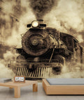 Retro Steam Train Wall Mural for Living Room and Bedroom Featuring an Old Locomotive on the Rails in HD Silk Cloth Classic Steam Engine