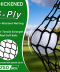 Close-up of golf ball in 6-ply tear-resistant netting from 10x7 Ft Golf Practice Net With Scoring Targets, for up to 250 mph speed.