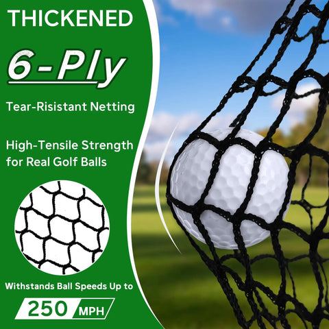 Close-up of golf ball in 6-ply tear-resistant netting from 10x7 Ft Golf Practice Net With Scoring Targets, for up to 250 mph speed.