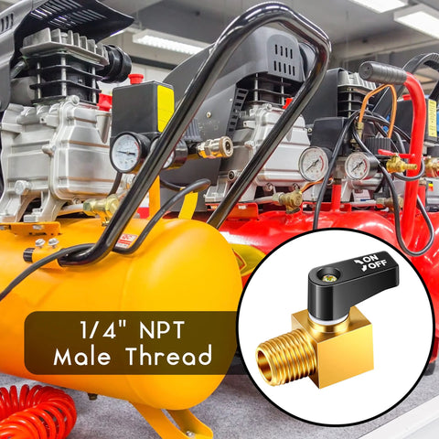 Brass mini ball-type air compressor drain valve, 1/4 in NPT, two-piece set (close-up view)