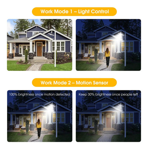Dual Color Solar Street Light With Remote Dimmable 6000K Cool White And 3000K Warm White Dusk To Dawn Aluminum Flood Light With Motion Sensor For Driveways Paths Gardens And Parking Lots Easy Install shown in different work modes