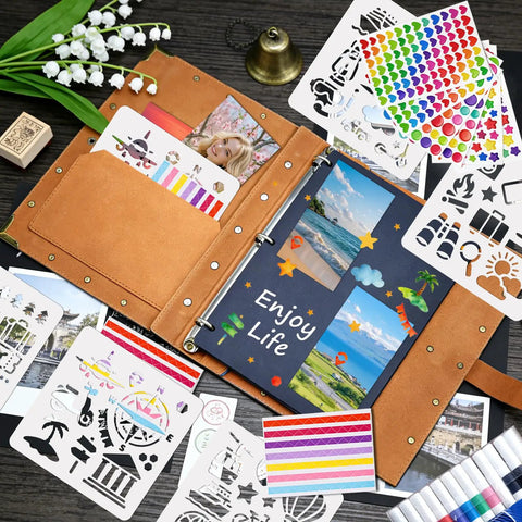Badass Vintage Leather Scrapbook Album With Sixty Pages Memory Book And Hella Cute Travel Journal Kit for DIY photo keepsakes, featuring craft supplies and stickers.