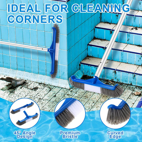 3 Piece Pool Cleaning Kit With Skimmer Net And Long Reach 47 Inch Aluminum Pole Plus Debris Brush For Above Ground And Inground Pools Ponds Spas Hot Tubs Easy Clean brush cleaning tiled pool steps and corners