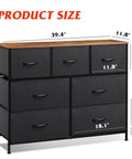 7 Drawer Dresser And TV Stand Media Console With Metal Frame And Wood Top For TVs Up To 45 Inches in Black and Rustic Brown with size dimensions shown