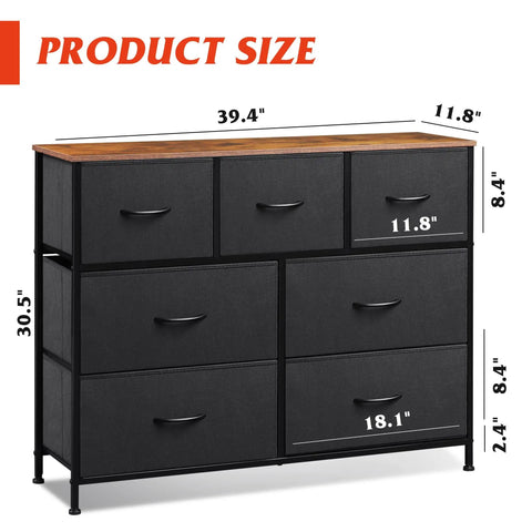 7 Drawer Dresser And TV Stand Media Console With Metal Frame And Wood Top For TVs Up To 45 Inches in Black and Rustic Brown with size dimensions shown