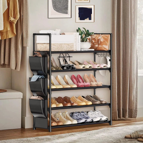 5 Tier Shoe Rack With Hook And Side Pocket, Space Saving Shoe Organizer Holds 20 To 25 Pairs in room with filled shelves