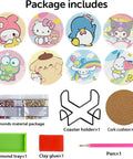 Diamond Art Coasters Set With Holder For Adults And Kids, Easy DIY Fun For Beginners Cartoon Life Round Full Drill Diamond Painting Craft Kit, Includes Coasters 8 Pieces, Cork Pads, Glue, Pen, Tray, And More displayed with accessories