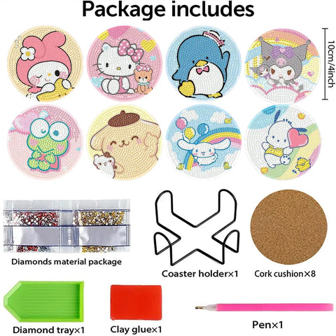 Diamond Art Coasters Set With Holder For Adults And Kids, Easy DIY Fun For Beginners Cartoon Life Round Full Drill Diamond Painting Craft Kit, Includes Coasters 8 Pieces, Cork Pads, Glue, Pen, Tray, And More displayed with accessories