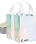 Iridescent Glossy Gift Bags Set, 15 Pcs Medium Size 8x4x10 Inch With Handles, Holographic Reusable Gift Bags For Birthday and More