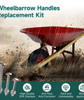 No Sweat Wheelbarrow Handle Replacement Kit 14 Piece 304 Stainless Steel Carriage Bolts and Nuts shown on a rainy day with a wheelbarrow.