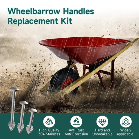 No Sweat Wheelbarrow Handle Replacement Kit 14 Piece 304 Stainless Steel Carriage Bolts and Nuts shown on a rainy day with a wheelbarrow.