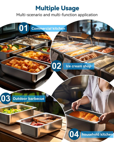 Multiple usages of Six Pack Hotel Pans One Third Size Four Inch Deep Steam Table Pan 22 Gauge Anti Jam Stainless Steel Durable
