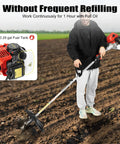 Person using Gas Powered Tiller Cultivator With 51.7Cc 2 Stroke Engine on soil, highlighting 0.29 gal fuel tank feature