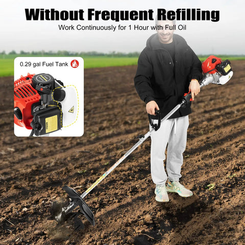 Person using Gas Powered Tiller Cultivator With 51.7Cc 2 Stroke Engine on soil, highlighting 0.29 gal fuel tank feature