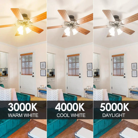 Comparison of room lighting at 3000K warm white, 4000K cool white, 5000K daylight using LED bulbs in a ceiling fan.