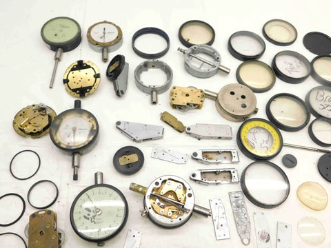 Top Shelf Bulk Lot Of Precision Dial Test Indicator Spare Parts And Hardware Kit For Industrial Mechanics Featuring Metric And Imperial Gauge Sets with assorted dial indicators and components.