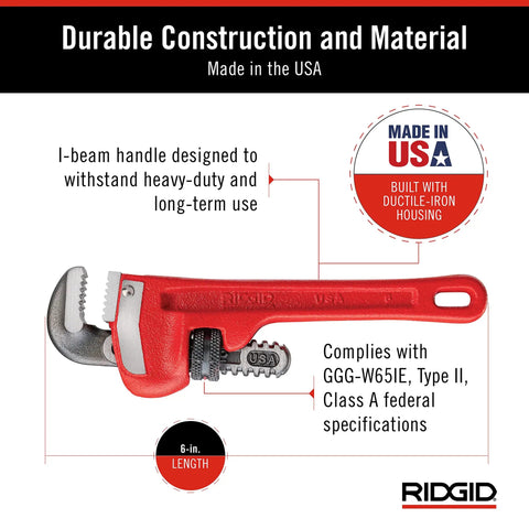 Diagram showing I-beam handle design of heavy duty 6 inch straight pipe wrench for plumbing projects with serrated steel jaw and cast iron handle red finish three quarter inch jaw capacity compact 6 inch length made in the USA durable grip for tight spaces built tough.