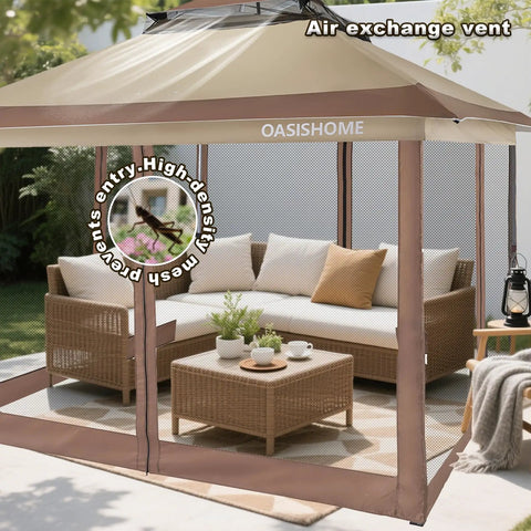 Pop Up Gazebo Canopy Tent 12x12 Portable Instant Setup With One Push Locking System Four Mesh Sidewalls Wheeled Carry Bag Durable Steel Frame Easy Open And Fold For Patio Backyard Parties And Outdoor Events Khaki installed