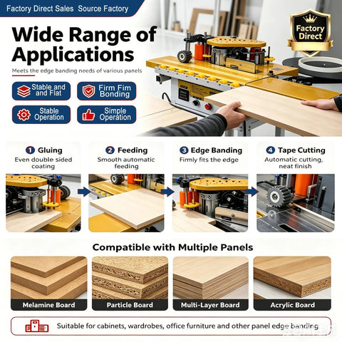 Heavy Duty Portable Edge Banding Machine With Automatic Tape Cutting For Straight And Curved Woodworking Projects showcasing feeding and edge banding process.