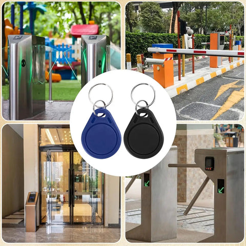 10 Pack 125kHz Blank RFID Key Fobs Proximity Tokens Rewritable T5577 Built For Keyless Entry Security And Easy Access Control Systems Black For ID Card Duplication shown with access control gates.